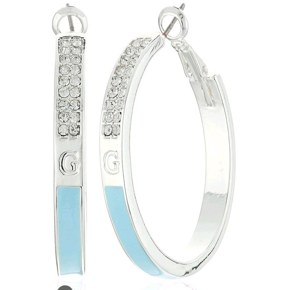 Guess Brand Silver And Aqua Hoop Earrings W Iconic G. Trendy, Party,